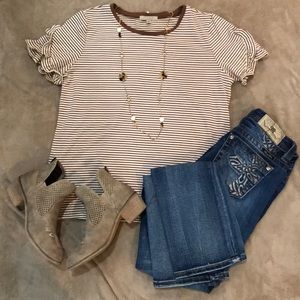Brown/white striped ruffle sleeve top